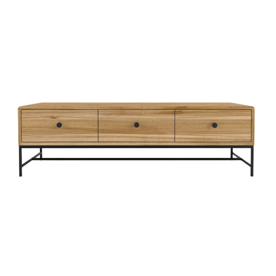 Solid Wood TV Unit - 3 Drawers on Steel Frame